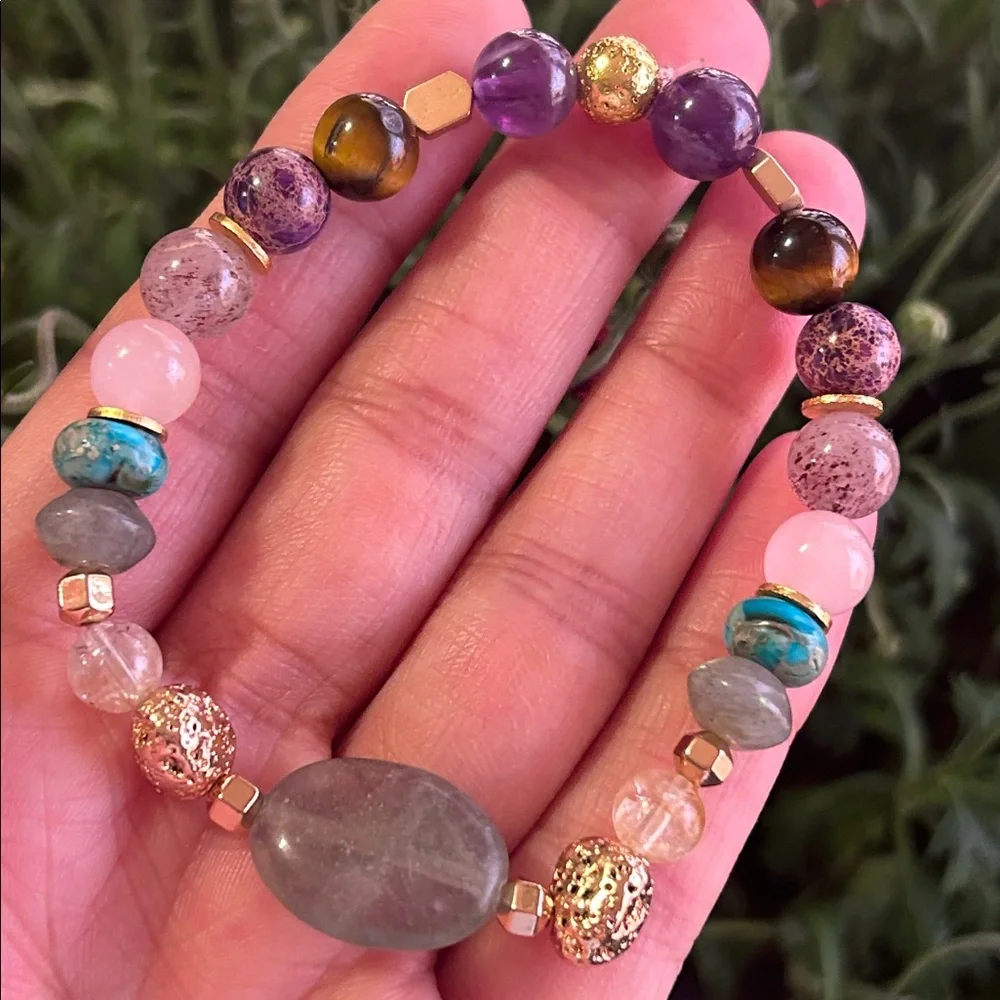 Handmade Fluorite + Rose Quartz + Amethyst Bracelet with Gold Accents